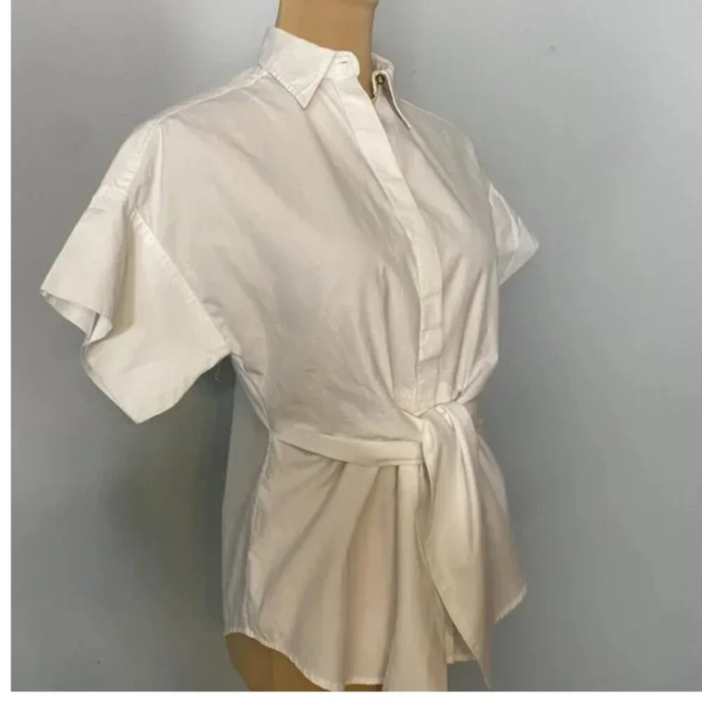 LAUREN Ralph Lauren Tie Front Cotton Short Sleeve Shirt Small Petite - Picture 5 of 8